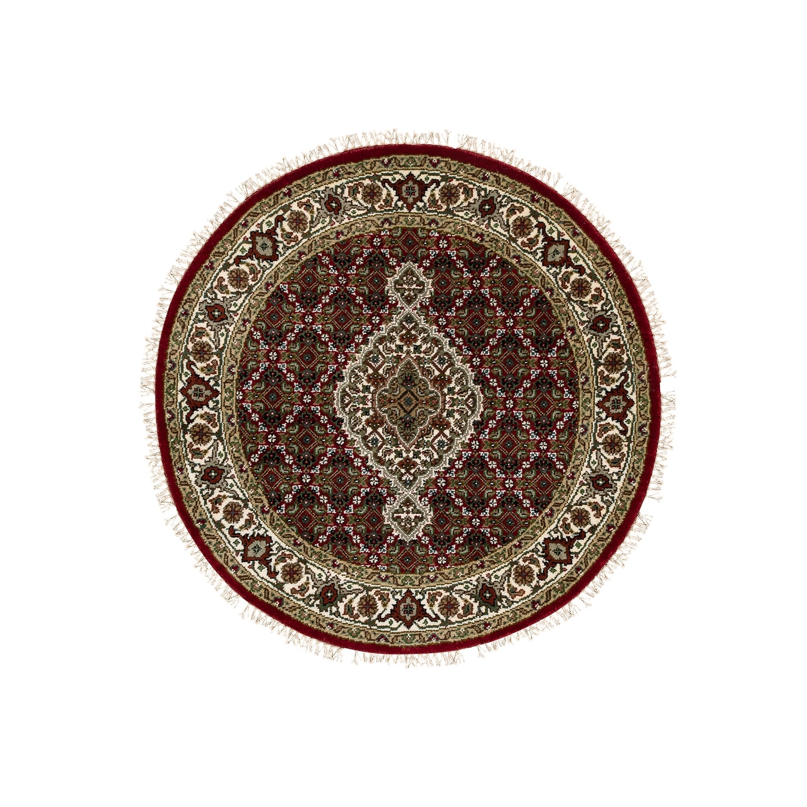 3’4″x3’4″ Red Wool And Silk Tebraz Mahi Fish Design Oriental Round Rug R58742