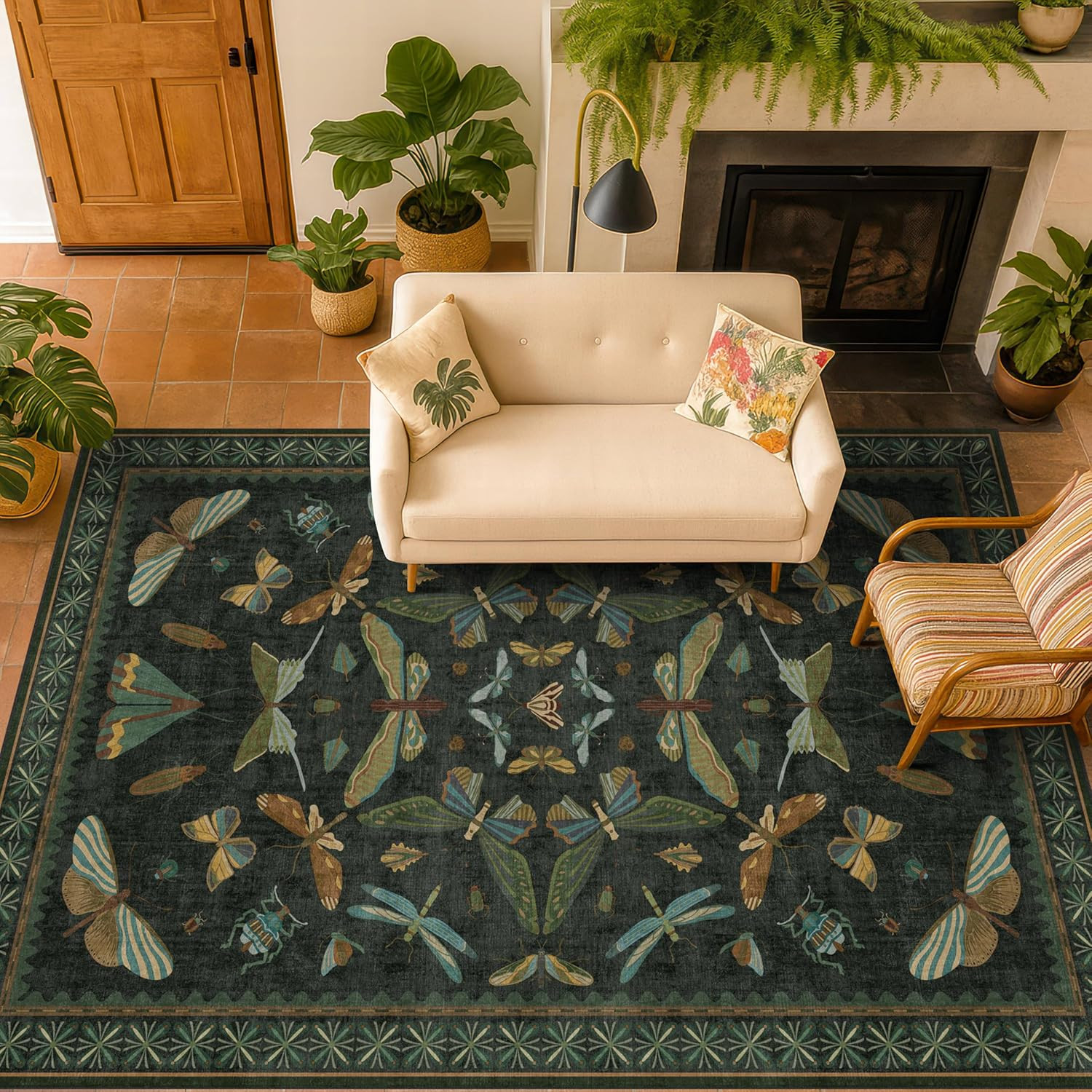 Black and Green 5×8 Washable Rug – Stylish Floral Moth Design for Any Room