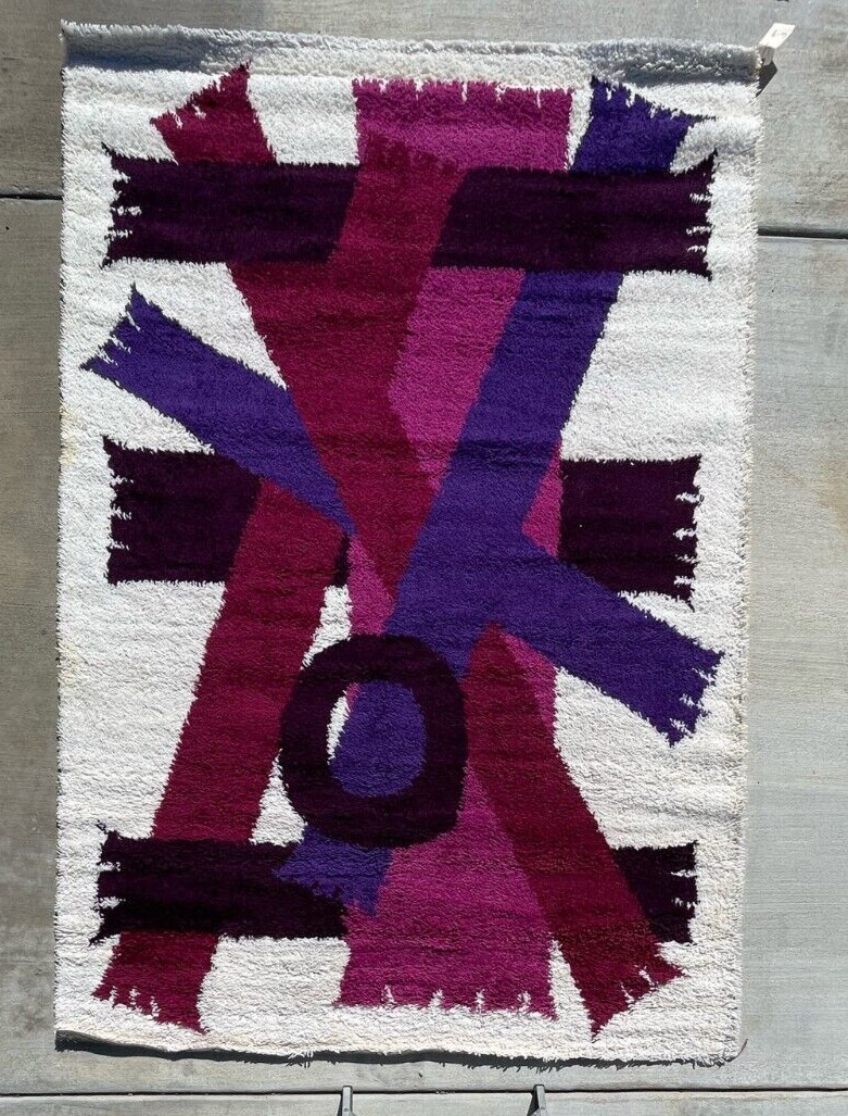 60’s EGE RYA VANGUARD Purple Scarves Wool UNUSED Modern Danish Rug MCM 6’x9′