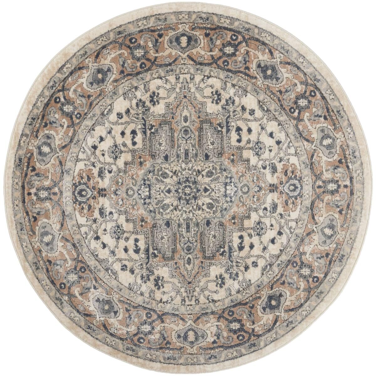4′ Ivory And Grey Round Oriental Power Loom Non Skid Area Rug