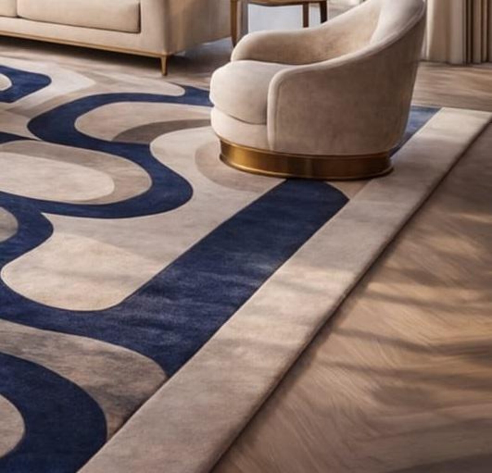 Abstract Wool Area Rug – Hand-Tufted Scandinavian Beige Cream Navy Rug 9×12|6×9
