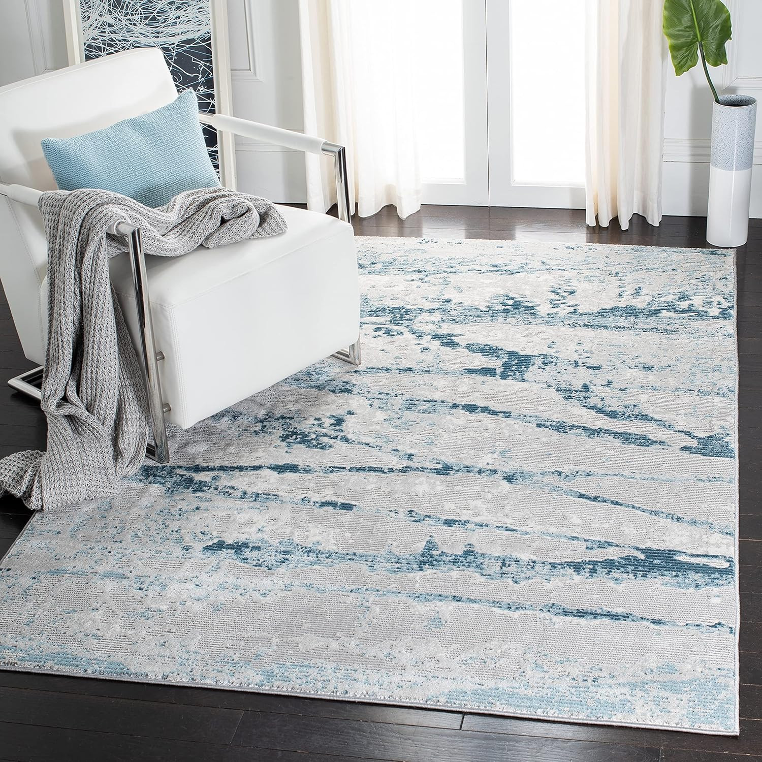 Modern Abstract Accent Rug 4′ x 6′ – Light Grey & Blue, Easy Care, Non-Shedding