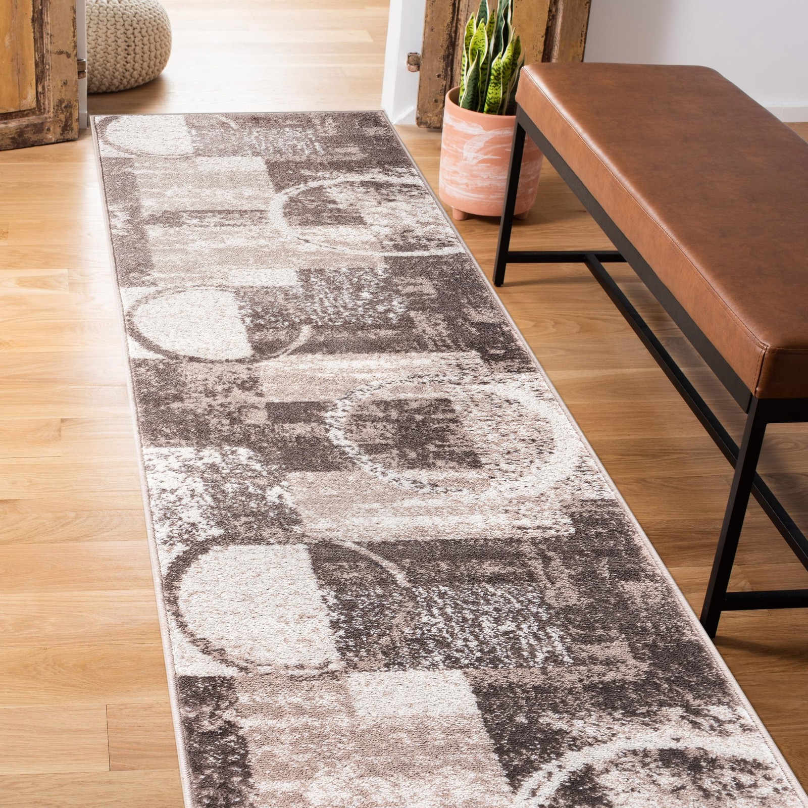 Brown Contemporary Abstract Circles 2×7 Area Rug Polypropylene Jute Backing