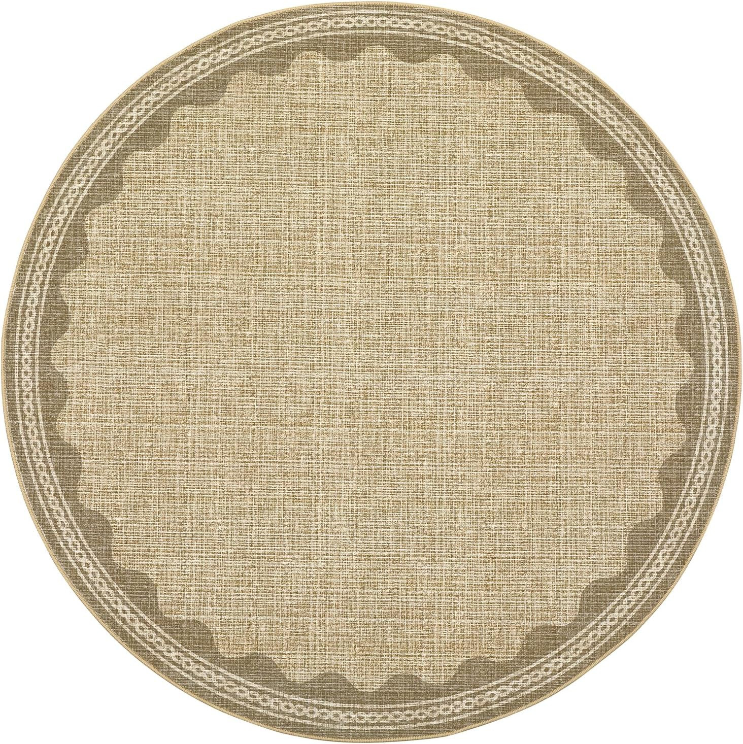 4 Ft Round Scalloped Jute Rug Washable Non-Slip Soft Modern Circle Carpet Tan