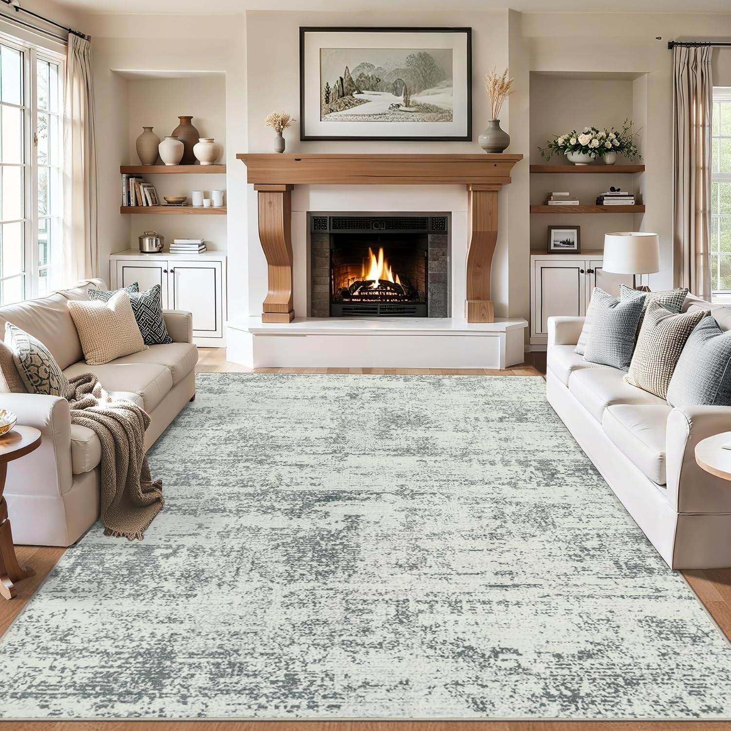 Area Rugs 9X12 Living Room – Washable Rug Modern Abstract Soft Large Neutral Non