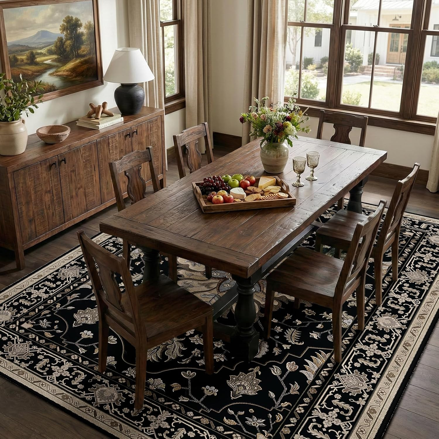 Washable Area Rug, 5’X7′, Black/Neutral | Non-Slip, Water Repellent, Pet Friendl
