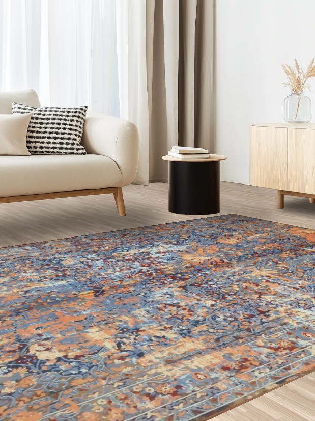 Modern Interiors Turkish Rug 6×9 Ft Elegant Abstract Blue and Orange Carpet