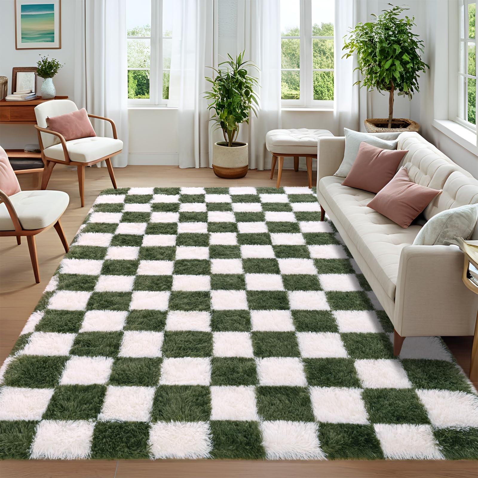 Larhom Nuttumico Large Fluffy Plaid Area Rug For Bedroom 6X9 Feet Olive Green