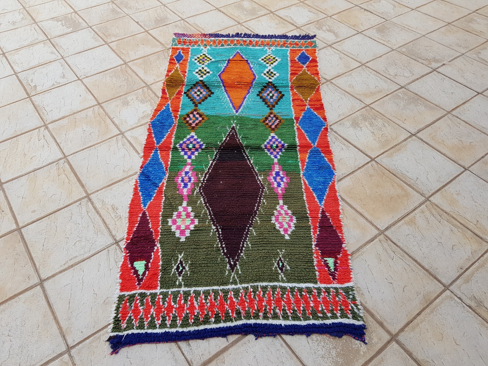 Moroccan Vintage Boucherouite Rug 7’4×3’5″Ft Berber Carpet, Vintage Azilal Rug