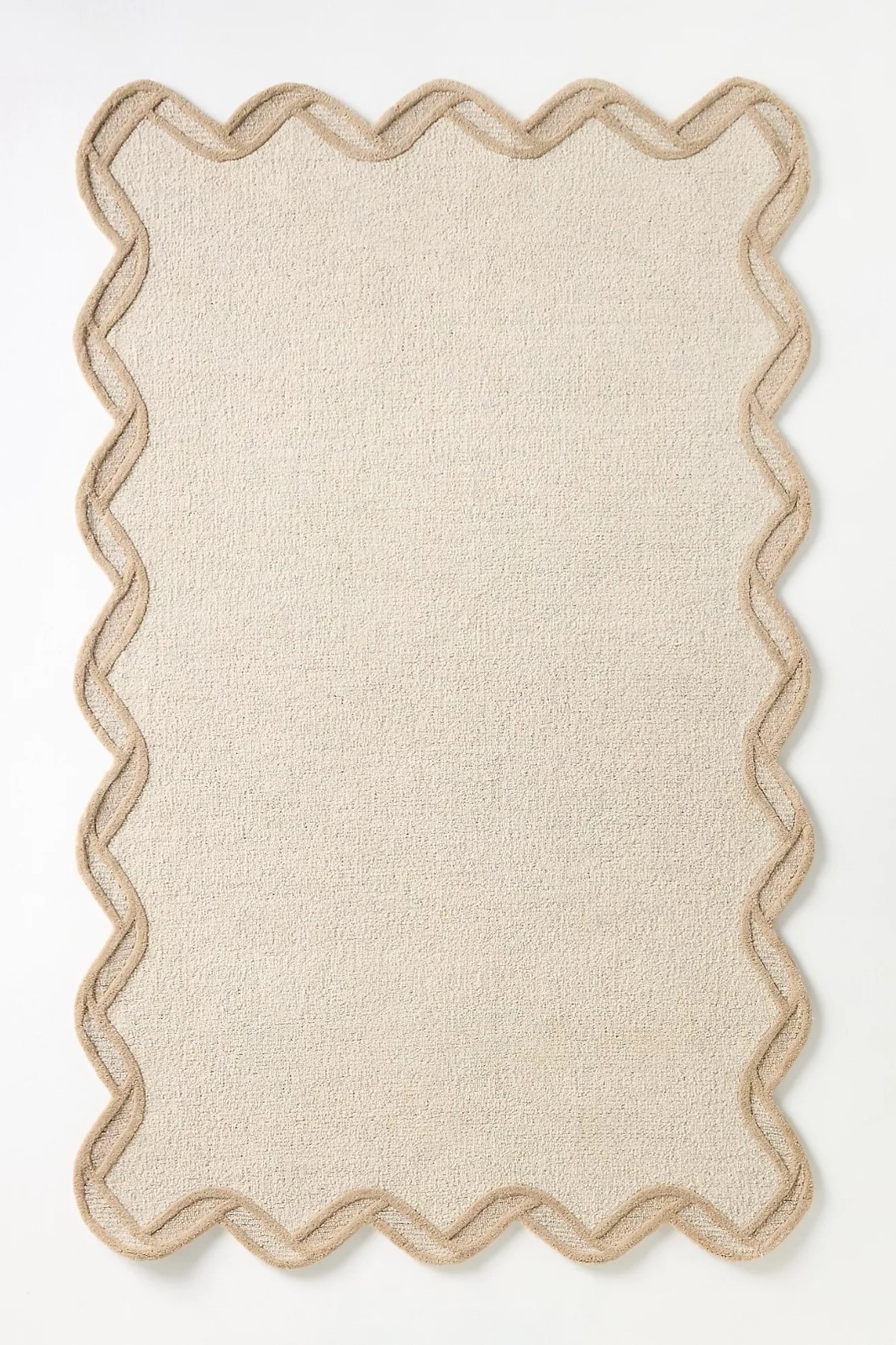Cream Beige Scallop Edge Wool Rug Handmade India Neutral Minimalist Accent