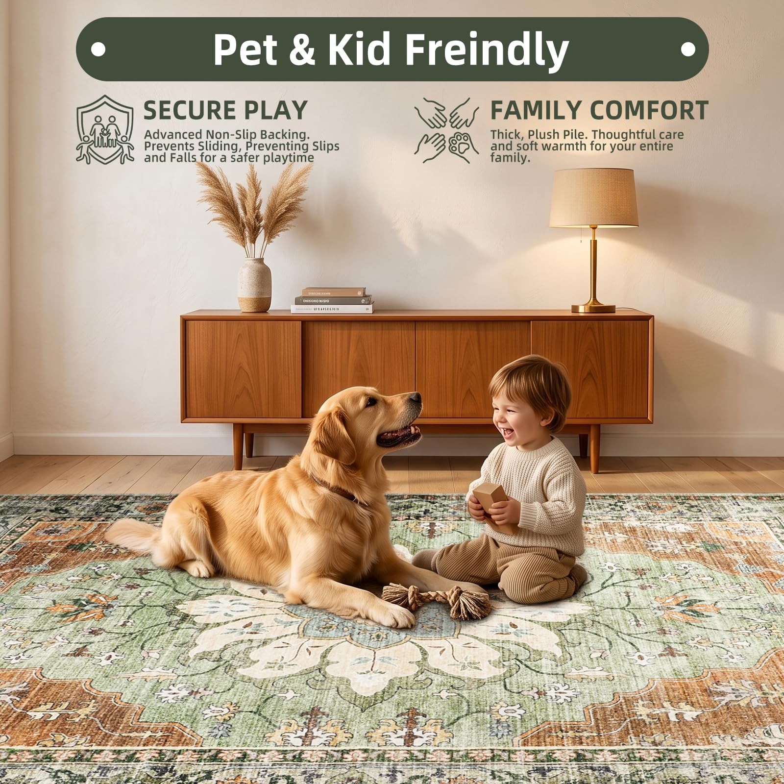 5’x7′ Green Floral Living Room Rug for Under Dining Table