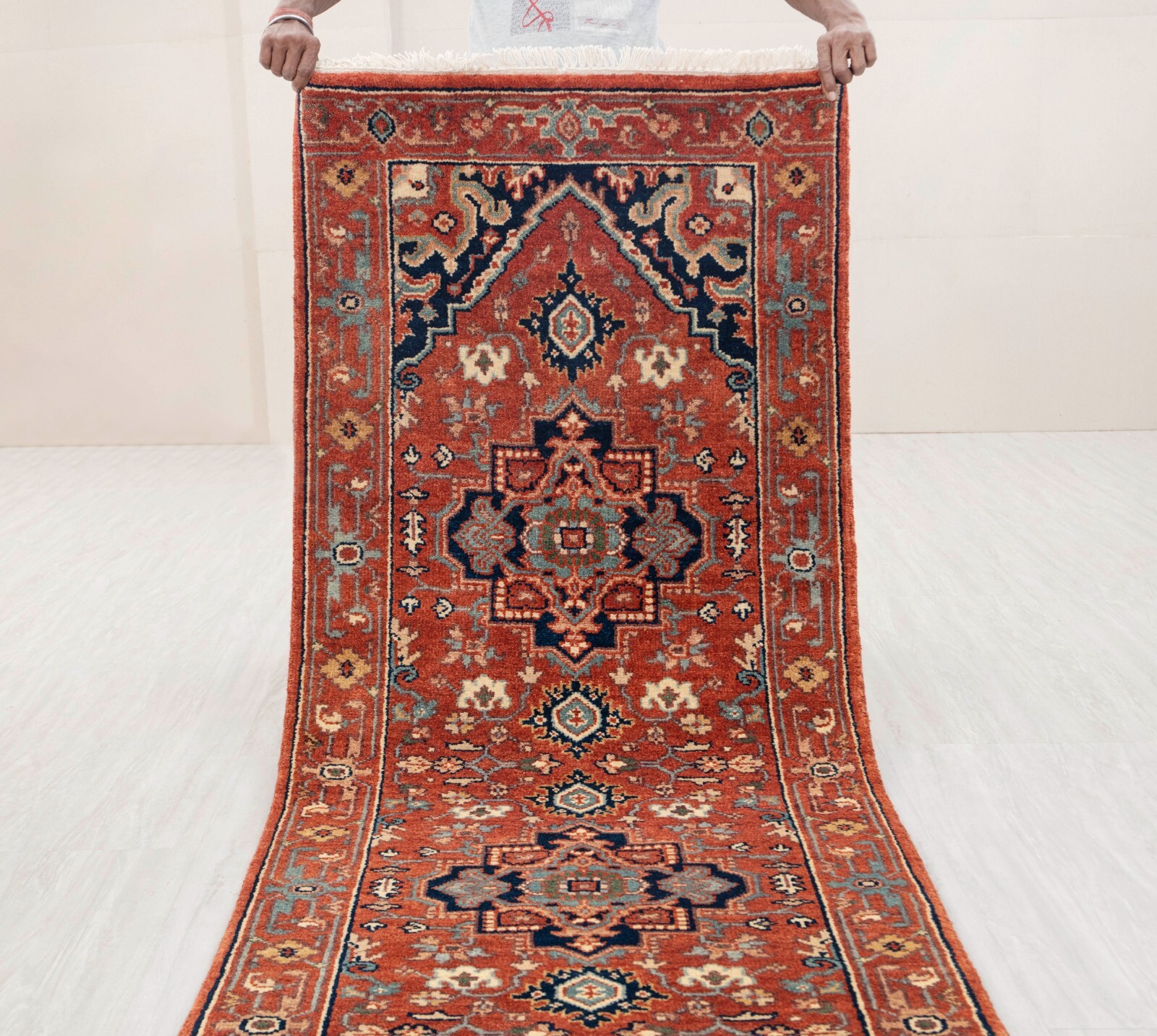 2.6×10 Ft Red Serapi Vintage Reproduction Runner Rug Hand Knotted Soft Wool Rug