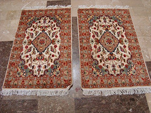 Area Rug Ivory Flower Medallion Hand Knotted Wool Silk Carpet Pair (3.3 x 2.1)’