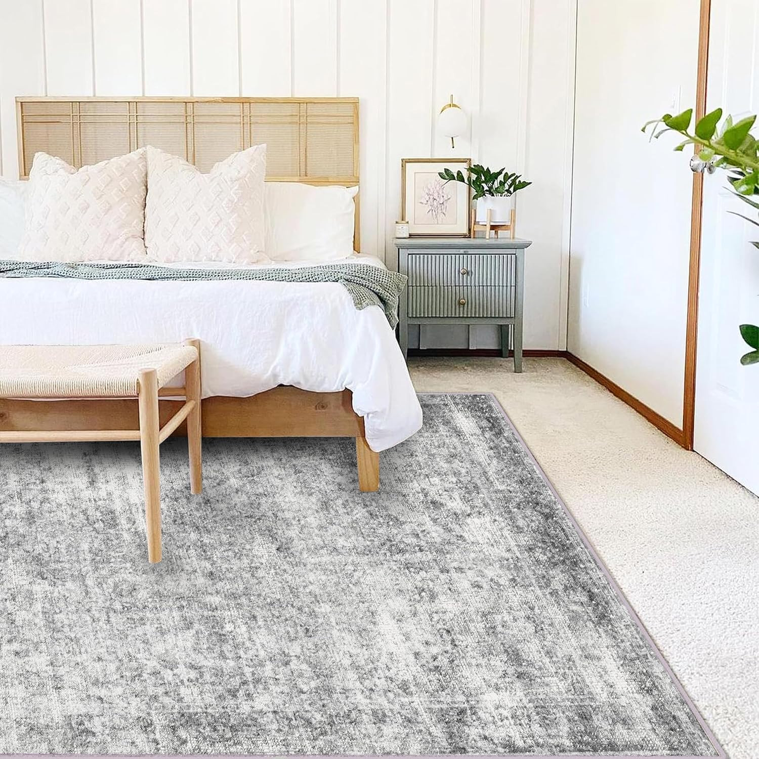 Area Rug 8X10 Washable Rug Gray Vintage Rug Traditional Mat Distressed Indoor Fo