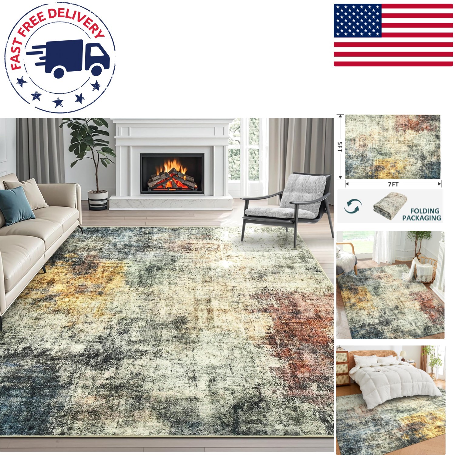 Elegant Multi-Color 5X7 Washable Area Rug – Soft, Non-Slip, and Stain Resistant