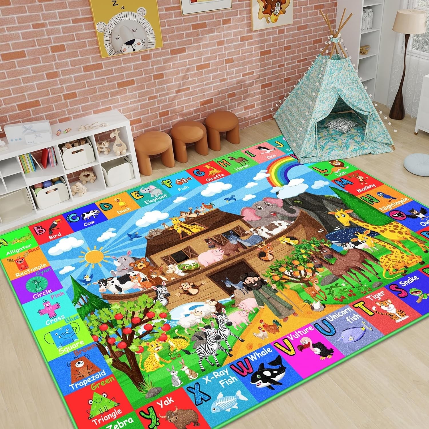 ABC Kids Rug for Playroom 59×39.4 in Noah’s Ark Animals Rug Baby Play Mat