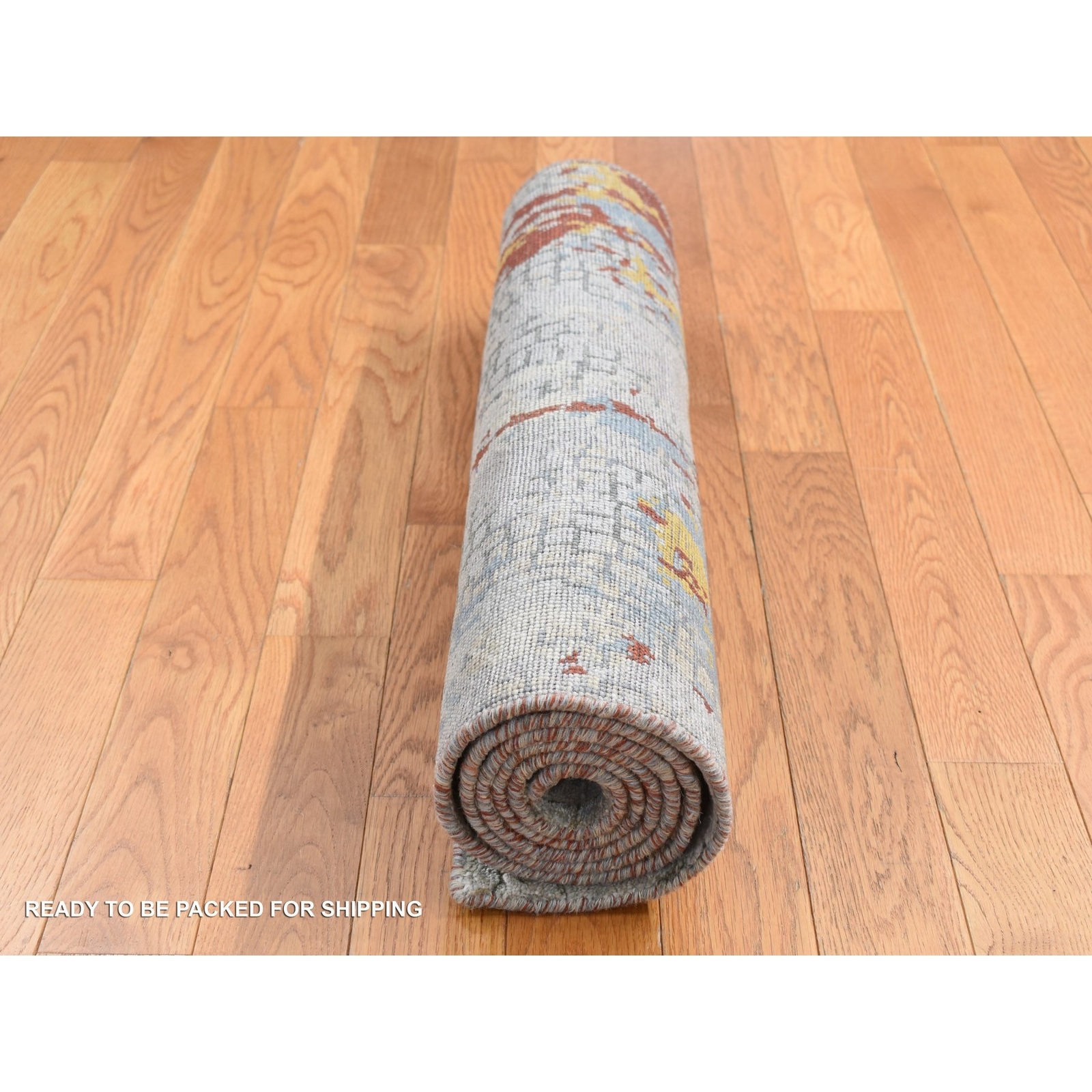 2’6″x5’10” Gray Wool and Silk Abstract Design Hand Knotted Runner Rug R87351