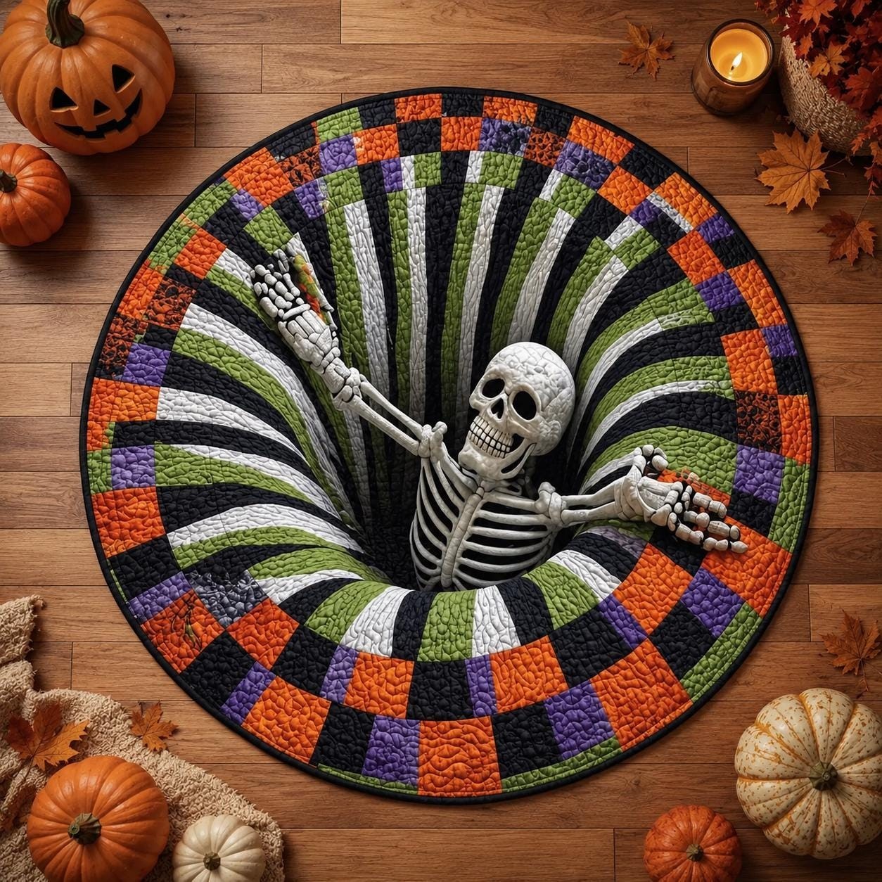 3D Skeleton Halloween Rug, Round Spooky Area Rug, Optical Illusion Floor Mat