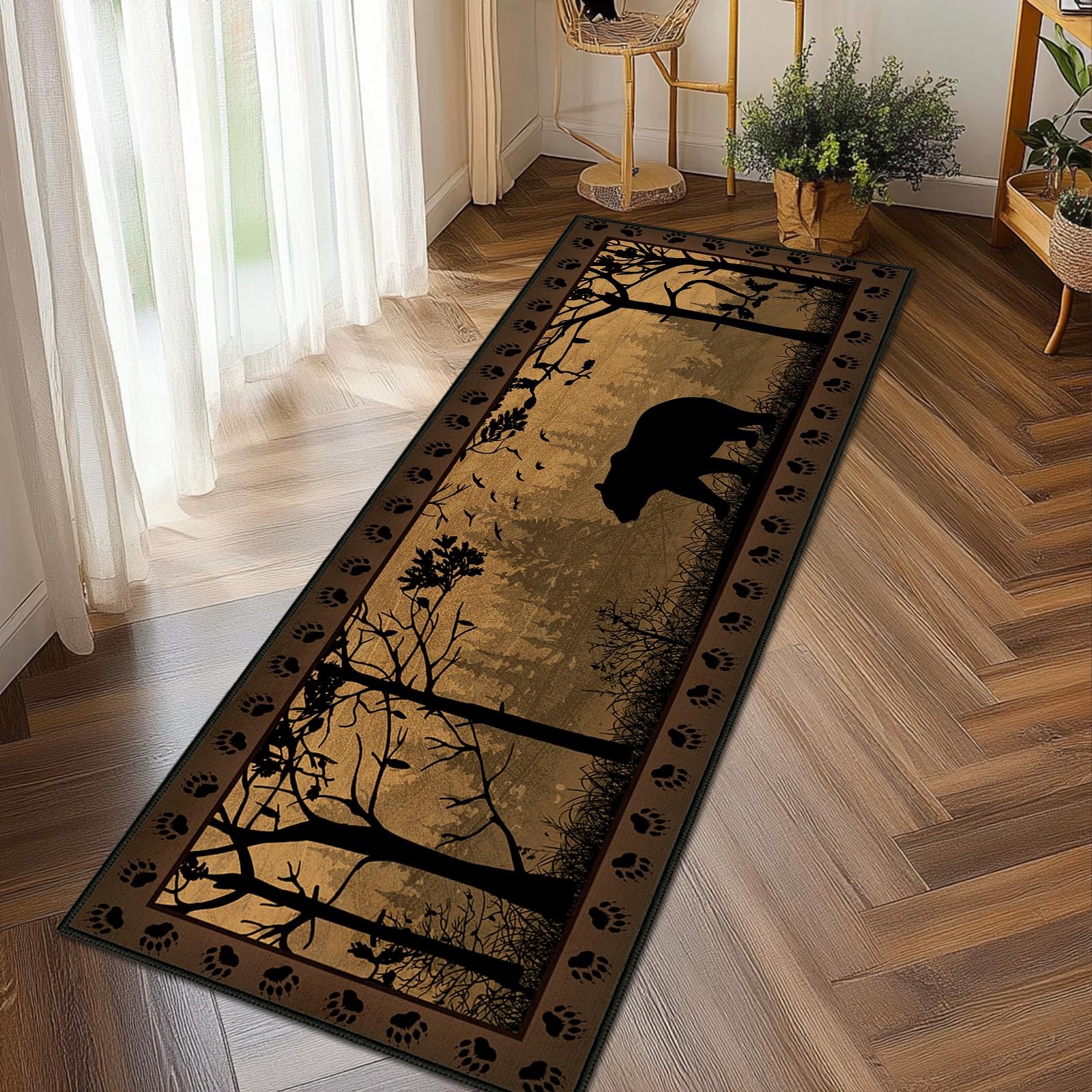 Rustic Rugs for Bathroom,Bear Country Cabin Wildlife Runner Rug 2×5 Rugs for