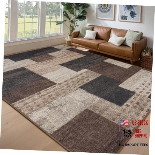 Modern Outdoor Patio Rug, Geometric Patchwork Indoor Area Rug 8x10ft Chocolate