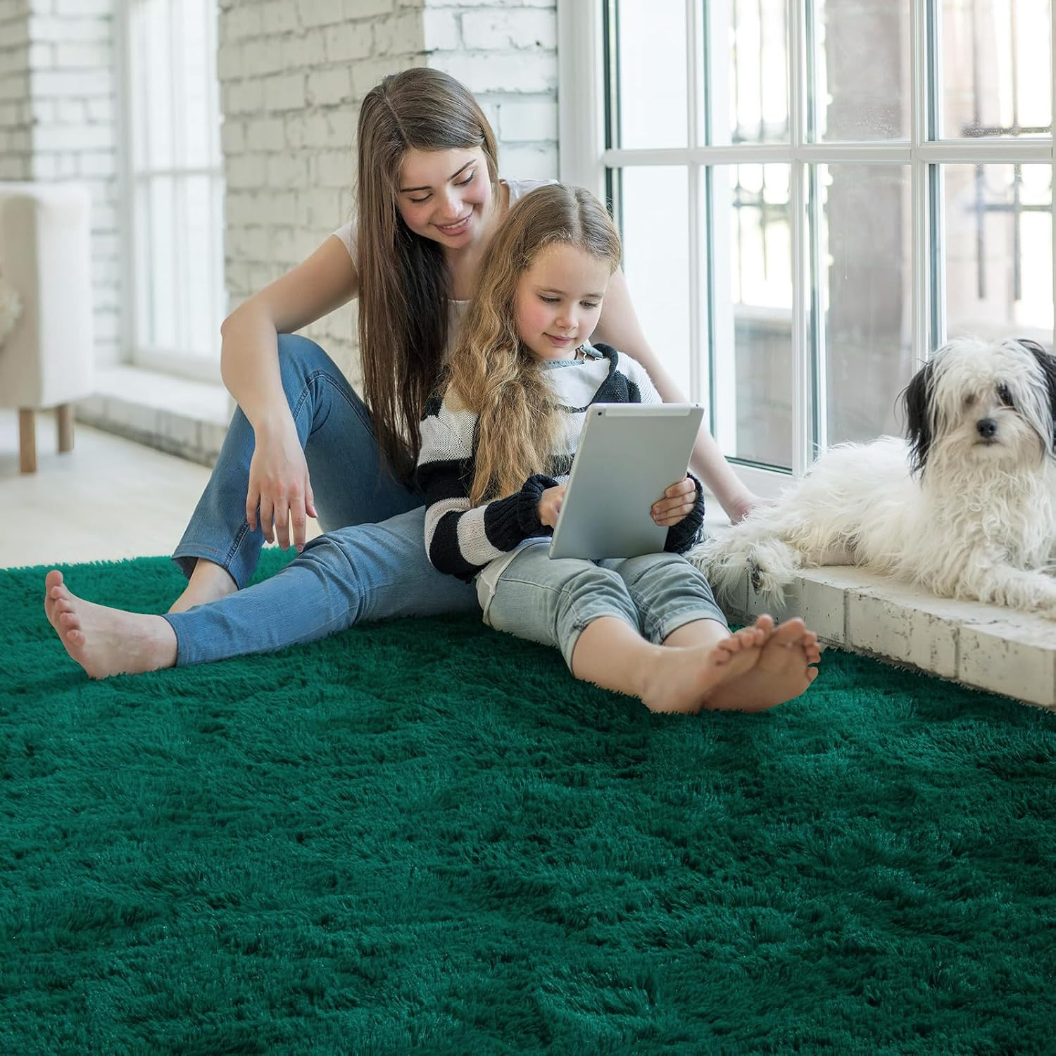 Dark Green Rug 8X10 Fluffy Emerald Area Rugs for Bedroom Living Room Carpet, Non