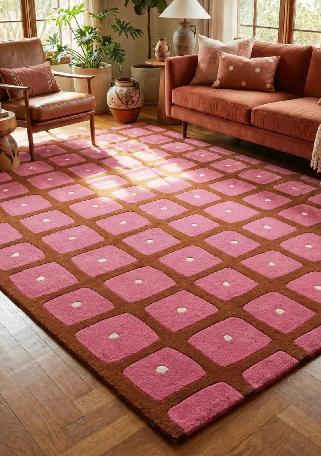 Pink Brown Hand Tufted Rug Modern Geometric Wool Area Rug, Retro Handmade Carpet