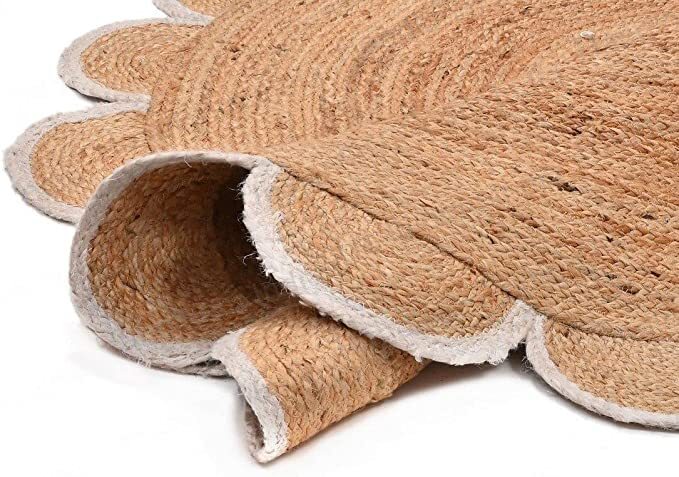 Rug Round in Jute Latest Design Handmade Jute Area Rug Beige with White Scallop