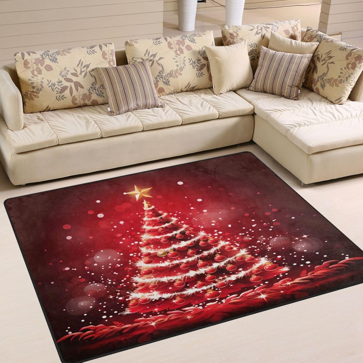 Red Christmas Rug, Poinsettia Rug, Christmas Decorations Rug, 4′ x 5’3″ NEW