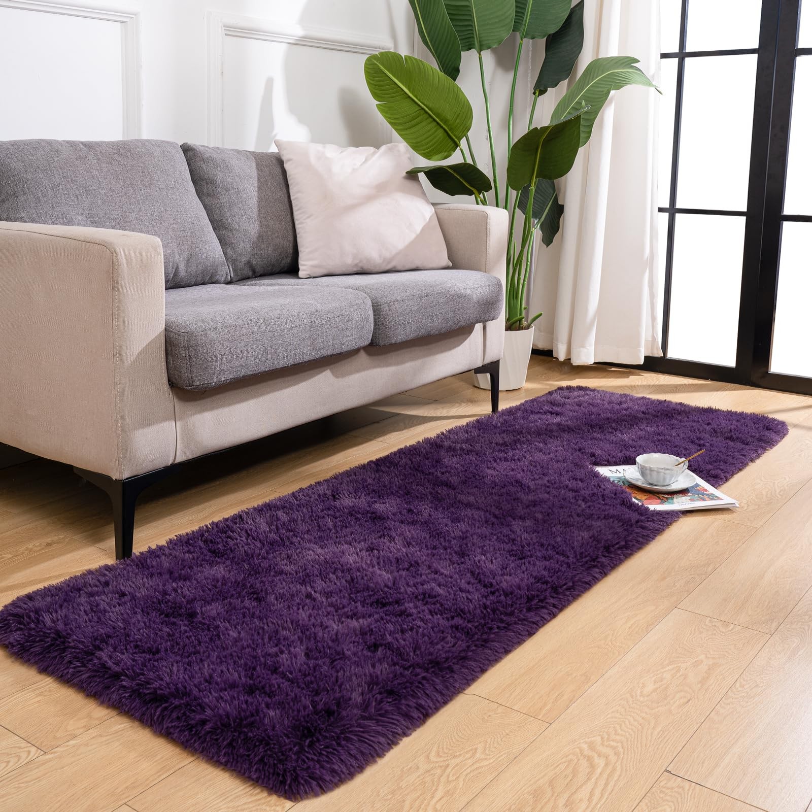 Przemy Fluffy Runner Rug for Bedroom Living Room, 2×6 Feet Dark Purple Shag A…