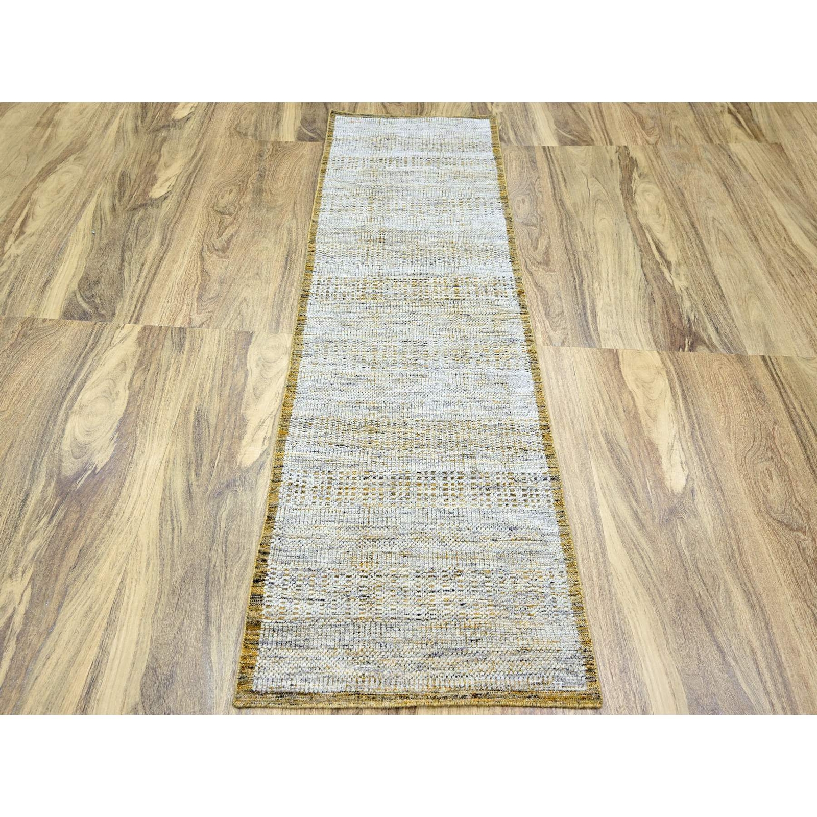 2’7″x8’2″ White & Gold Hand Knotted Oxidized Grass Design Wool Runner Rug R76249