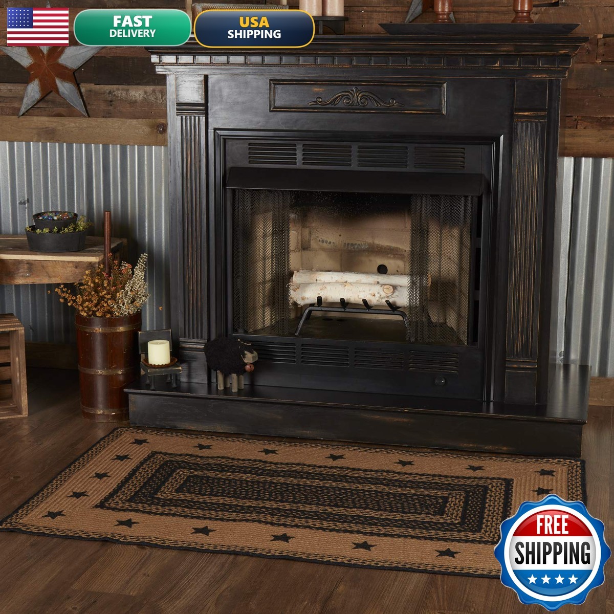 VHC Brands, Farmhouse, Jute, 36×60, Rect Rug, Stencil Stars Border w/Pad, Black