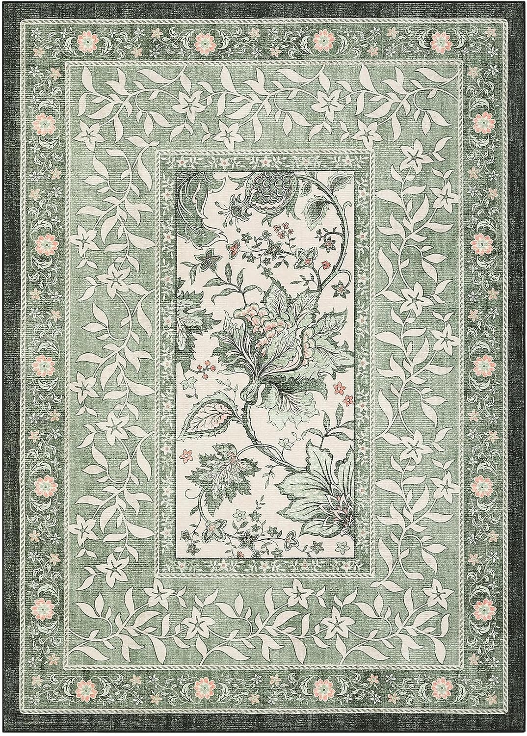 Provence 5×7 Area Rugs, Botanical Grove Sage Green Vintage Cottagecore Non-Sl…