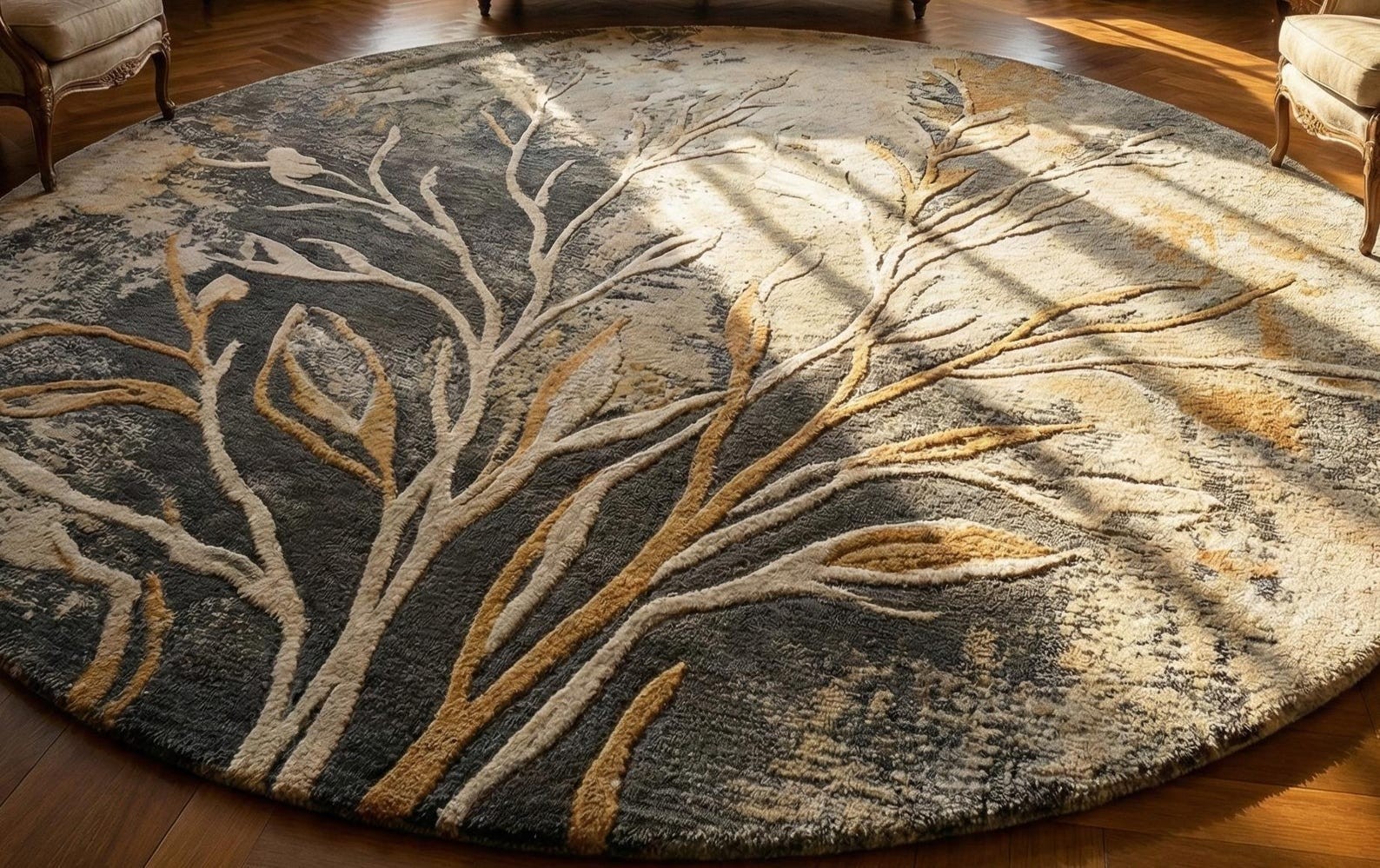 Large Round Tree Branch Area Rug Grey Gold Botanical Neutral Modern Living Room