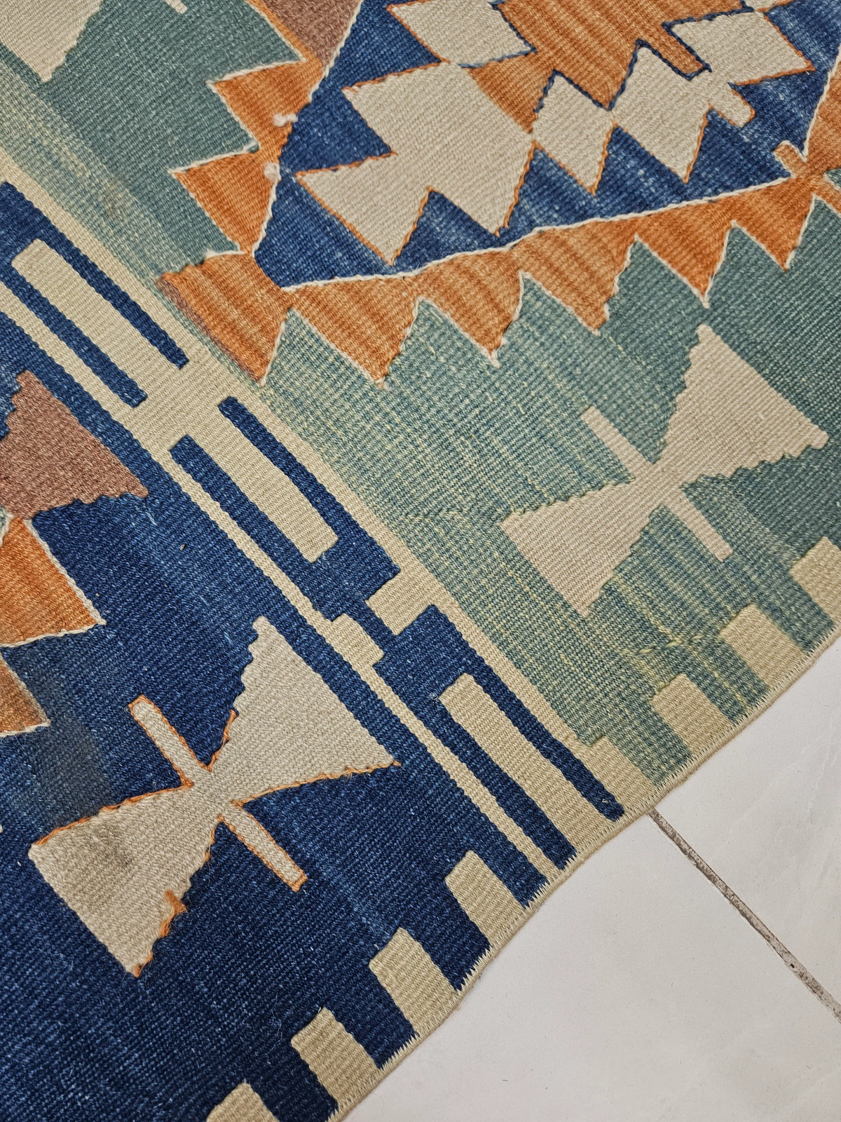 Blue Turkish Kilim Runner Rug, Vintage Hallway Carpet (2×8.7 ft)