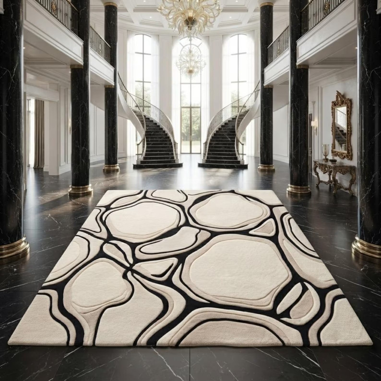 Hand Tufted Wool Area Rug Organic Modern Abstract Carpet Black Ivory Luxury Home