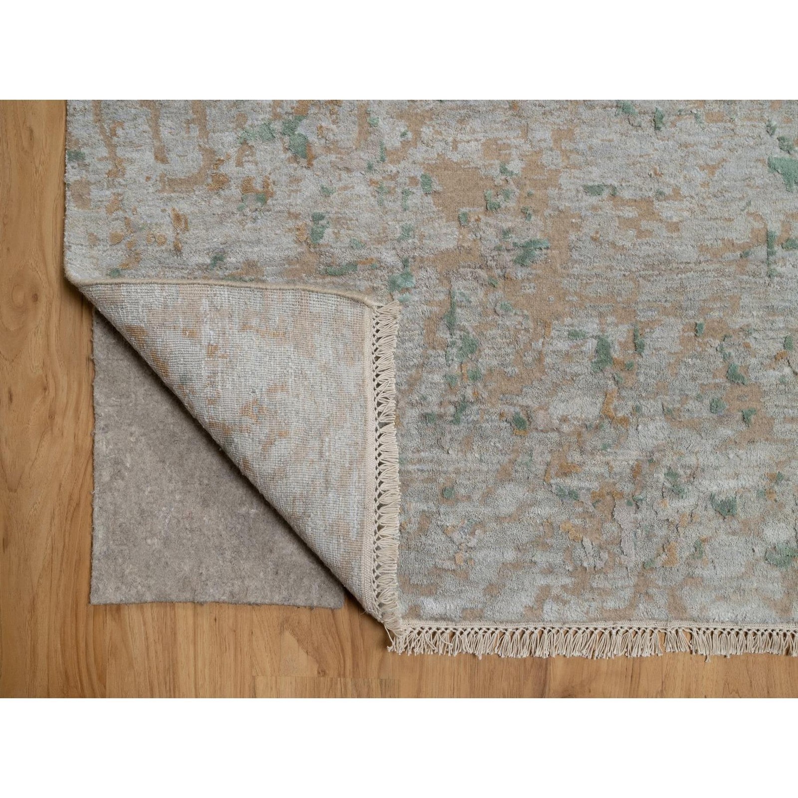11’10″x15’1″ Green Erased Medallion Design Hand Knotted Wool & Silk XL Rug 92462