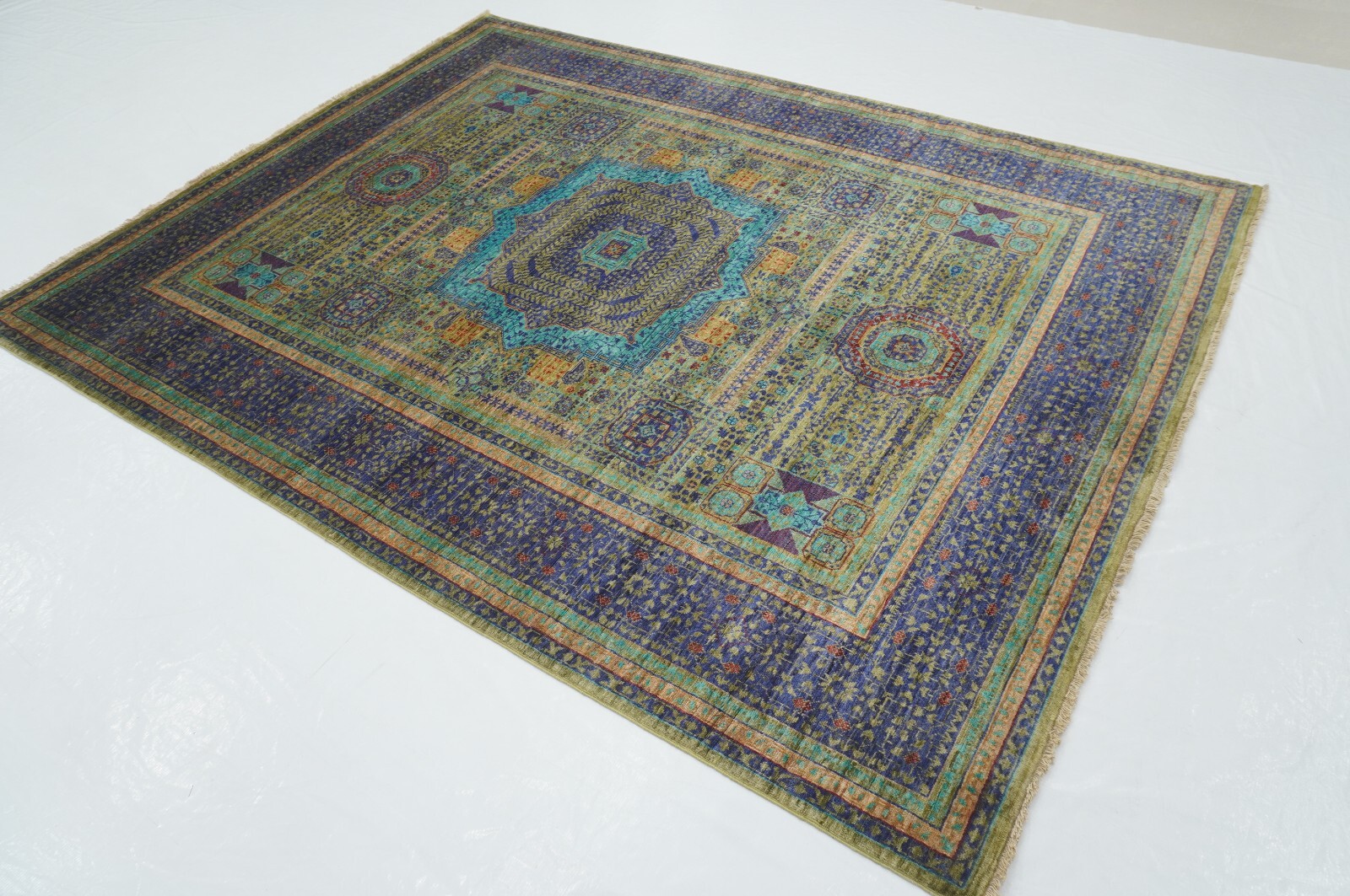 6×8 ft Green Mamluk Afghan Hand Knotted Veg dyes Wool Medallion Rug