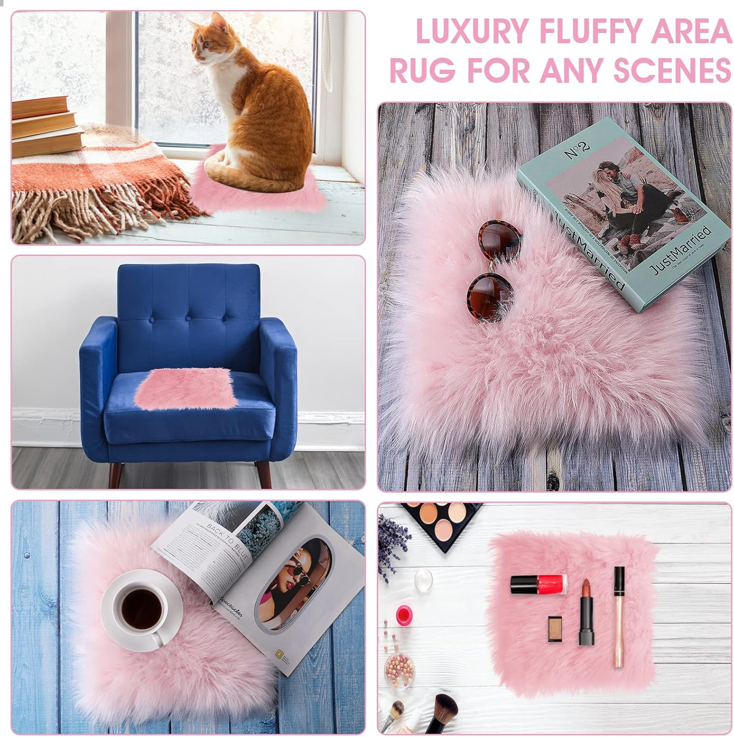 10 Inches Mini Square Faux Fur Rug， Small Fluffy Area Rug Cushion for Living Roo