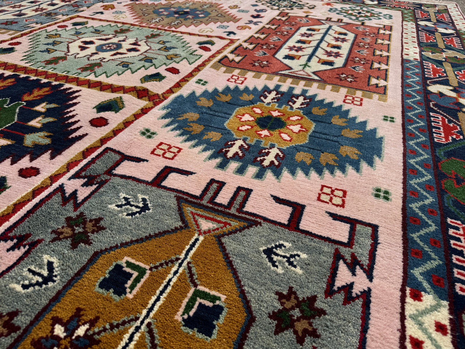 9×12 NEW WOOL RUG HANDMADE PINK ORIENTAL handwoven blue green colorful tribal ft