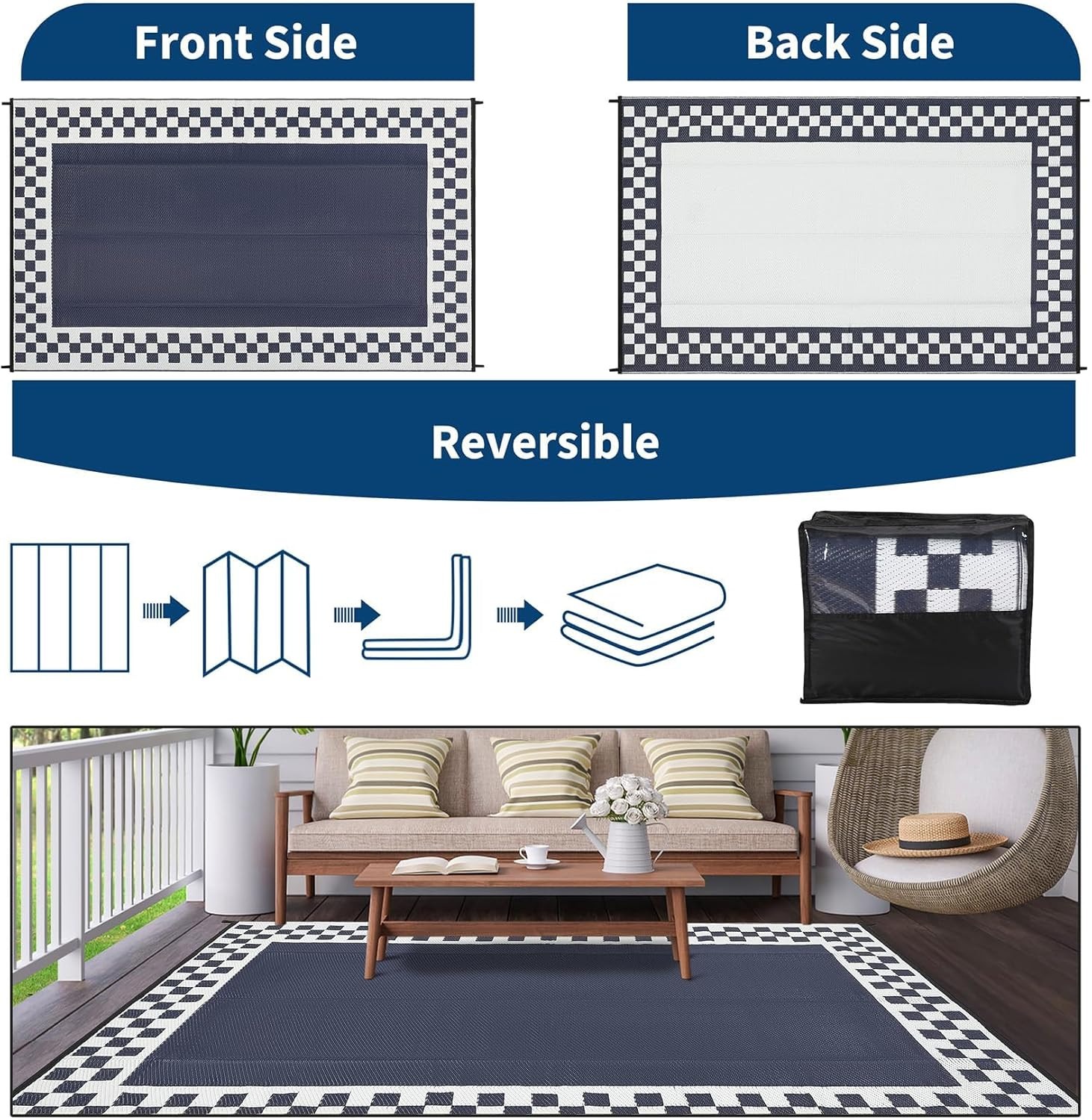 10X14 Large Outdoor Rug Waterproof Weather Resistant Patio Rug with Stakes & Car