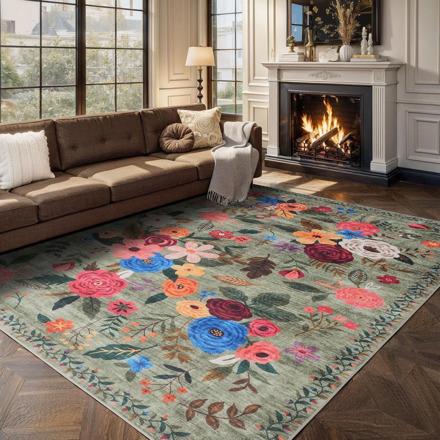 4×6 Washable Boho Floral Area Rug Non Slip Low Pile Green Carpet for Bedroom