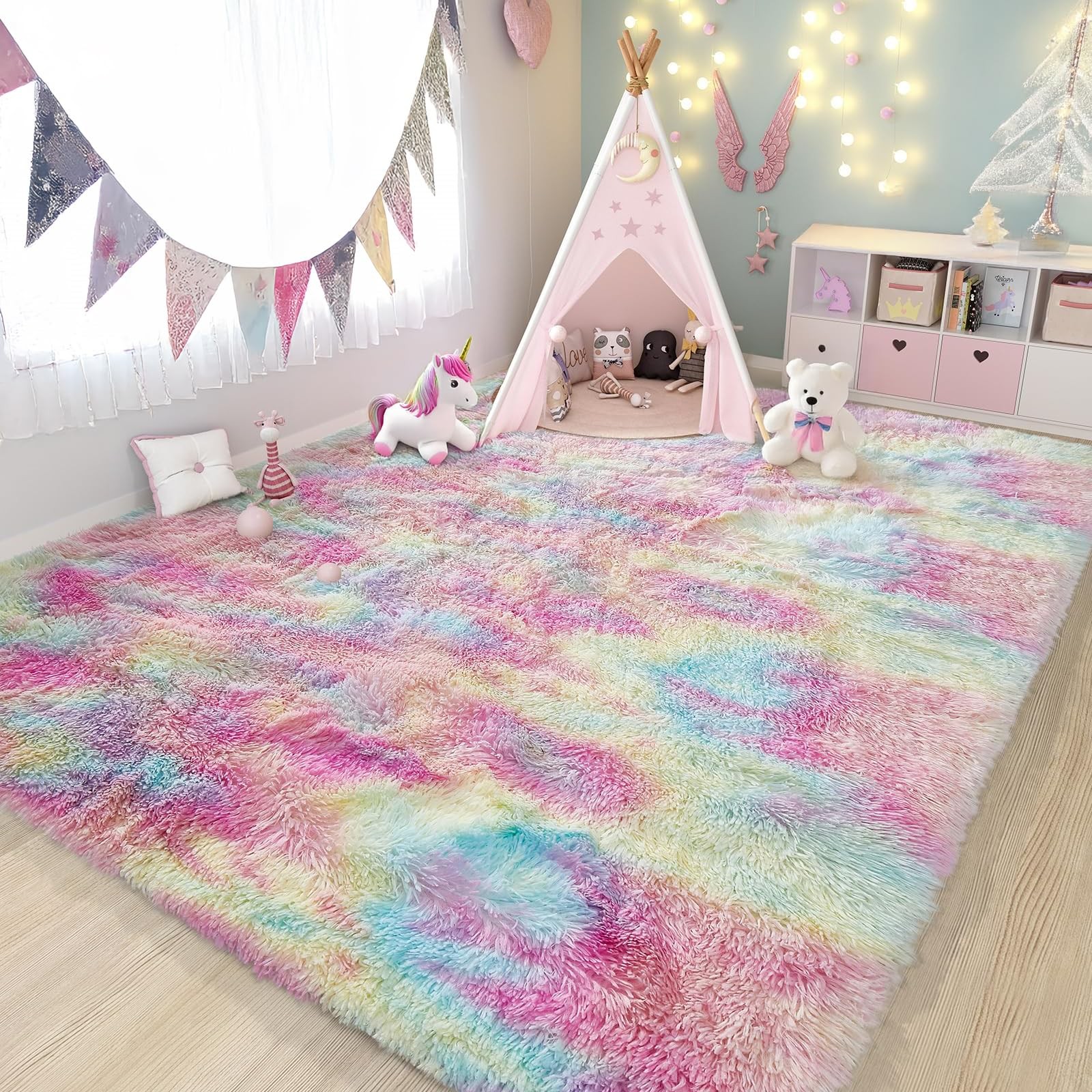 RUGIXE 2×3 Rainbow-Colored Washable and Foldable, Girls’ Bedroom, Fluffy Circ…