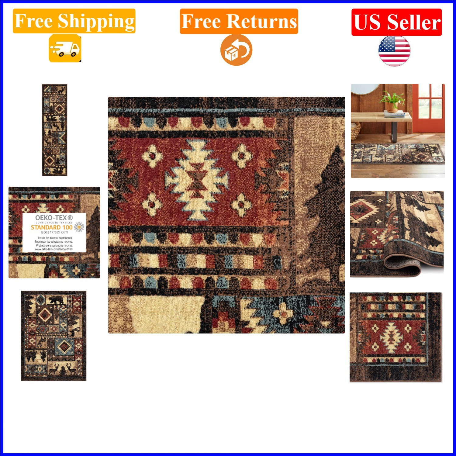 Buffalo Bear Area Rug, 1’10″x6’10”, Rustic Animal Print, Indoor Use