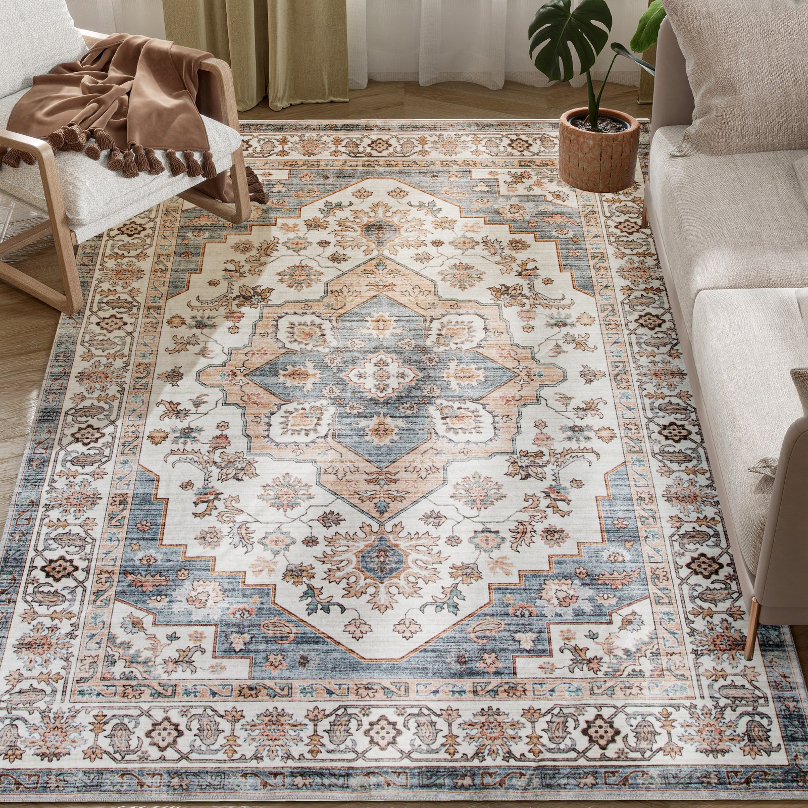5×7 Area Rug, Vintage Machine Washable Rug for Bedroom, Brown and Blue