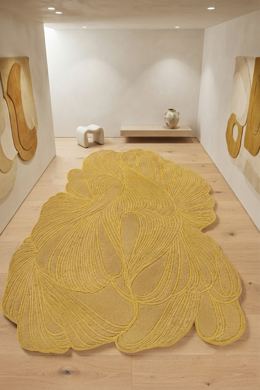 Modern Abstract Wool Rug Irregular Shaped Mustard Yellow Area Rug Tufted Carpet