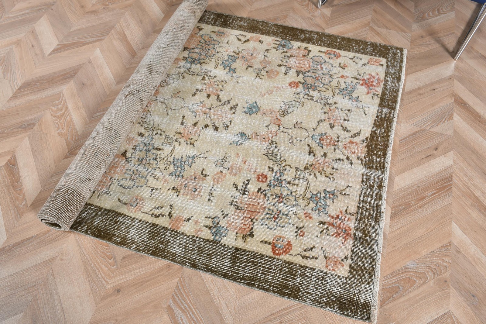 Turkish Vintage Rug, 4×6,5 ft Area Rug, Brown Blue Moroccan Rug
