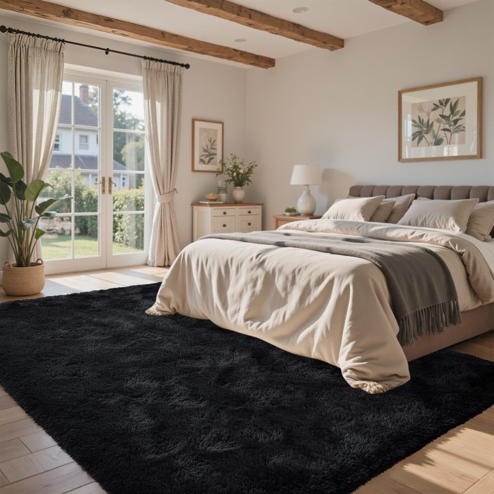5X7 Black Area Rugs for Living Room, Large Fluffy Shag Bedroom Rugs Non-Slip, Ul