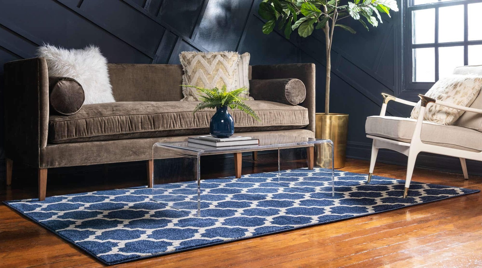 Trellis Collection Area Rug – Philadelphia (5′ 3″ x 8′ Rectangle Dark Blue/Na…