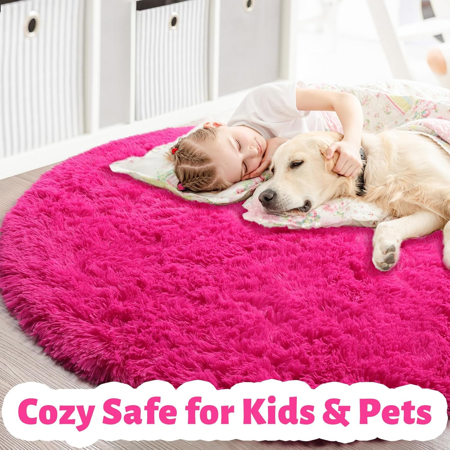 Hot Pink Round Rug 4Ft for Girls Bedroom, Fluffy Circle Area Rugs for Kids Room