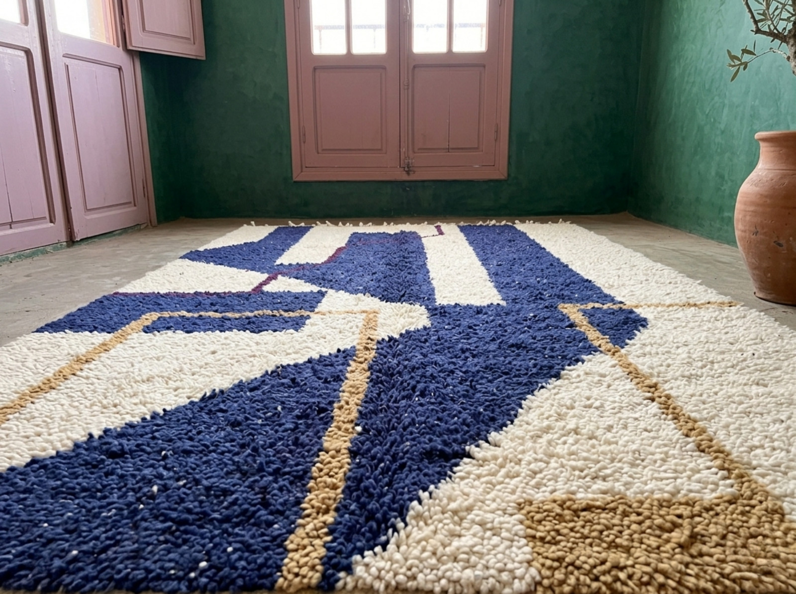 Handmade Moroccan Berber Wool Rug Navy Blue Abstract Beni Ourain Custom Size